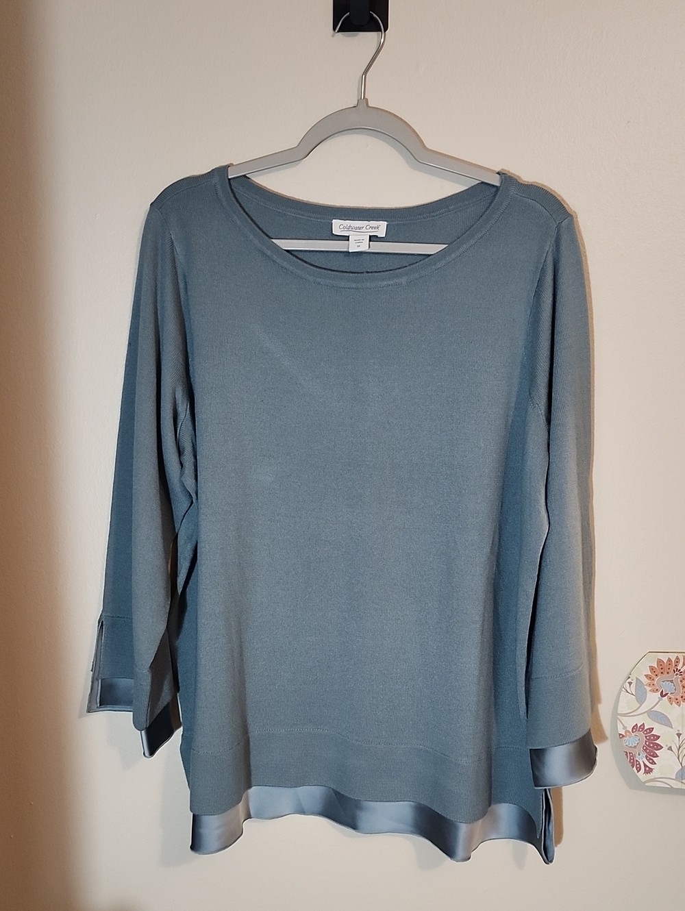 Coldwater Creek Slate Green Satin-Trim Long Sleeve Pullover 1X